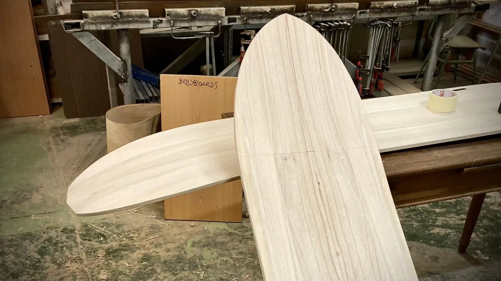 Paulownia kiteboard blanks in shaping workshop before lamination. TK kiteboards